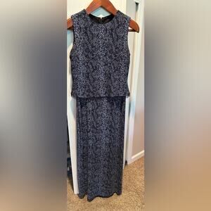 Betsy & Adam Jaslene Womens Blue Print Bead Fringe Stretch Maxi Evening Dress 14